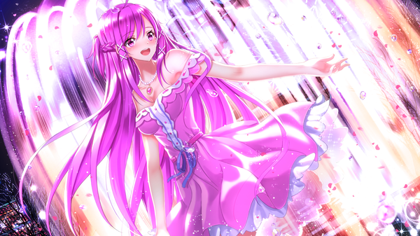 Anime picture 1920x1080 with aishen qiaokeli-ing... zitong xia swordsouls single long hair blush highres open mouth wide image bare shoulders pink hair pink eyes girl petals hairclip pendant bubble (bubbles) fountain