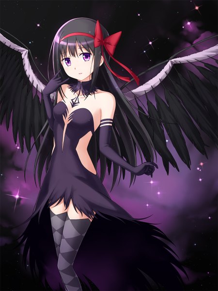 Anime picture 1080x1440 with mahou shoujo madoka magica shaft (studio) akemi homura akuma homura tucana single long hair tall image looking at viewer black hair purple eyes sky magical girl rhombus girl thighhighs dress gloves ribbon (ribbons) hair ribbon