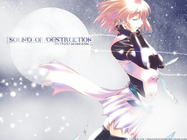 Anime picture 1024x768 with ensemble terada wakaba haritama hiroki single short hair blonde hair looking away profile wind wallpaper skindentation third-party edit girl thighhighs black thighhighs moon feather (feathers) full moon