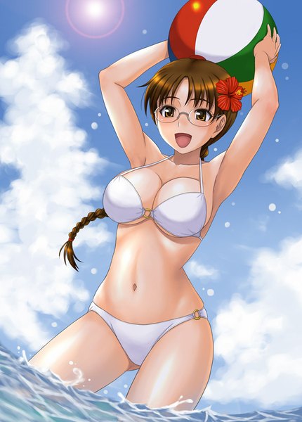 Anime picture 716x1000 with to heart hoshina tomoko hida tatsuo single long hair tall image blush breasts open mouth light erotic brown hair brown eyes sky cleavage cloud (clouds) hair flower midriff girl navel hair ornament