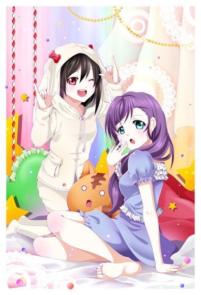 Anime picture 1500x2200 with love live! school idol project sunrise (studio) love live! yazawa nico toujou nozomi m-1ng long hair tall image open mouth blue eyes black hair red eyes multiple girls purple hair one eye closed barefoot wink bare legs mmm girl