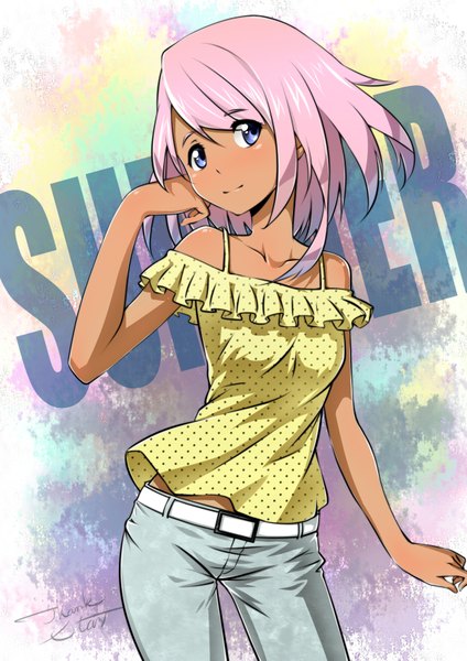 Anime picture 2480x3507 with daye bie qia lian single tall image looking at viewer fringe highres short hair blue eyes pink hair dark skin girl belt clothes