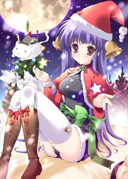 Anime picture 1200x1669 with mikeou single long hair tall image light erotic brown eyes blue hair horn (horns) night fur trim christmas pantyshot sitting hair bell girl thighhighs bow animal white thighhighs boots star (symbol)