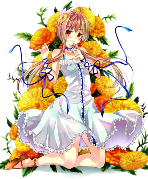 Anime picture 2180x2624 with nisekoi shaft (studio) tachibana marika amanayori single long hair tall image blush highres brown hair bare shoulders orange eyes girl dress hair ornament flower (flowers) ribbon (ribbons) frills sundress