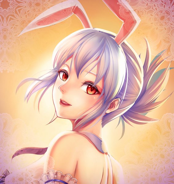 Anime picture 943x1000 with league of legends riven (league of legends) battle bunny riven chen qi (chanseven) single tall image looking at viewer blush fringe short hair red eyes bare shoulders animal ears white hair parted lips looking back bunny ears fake animal ears girl arm garter