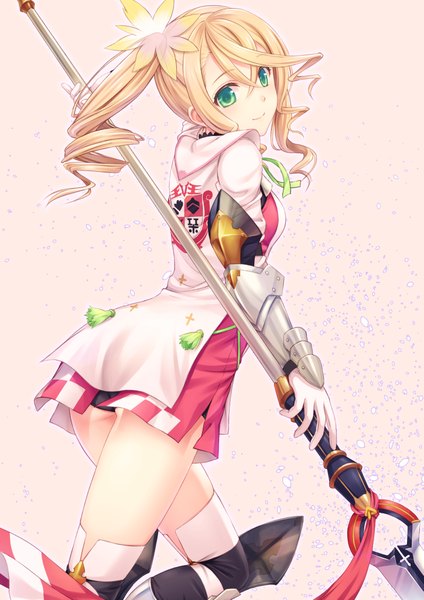 Anime picture 1447x2047 with tales of (series) tales of zestiria alisha (tales) n.g. single long hair tall image looking at viewer blush light erotic blonde hair green eyes ponytail side ponytail drill hair upskirt girl dress hair ornament armor
