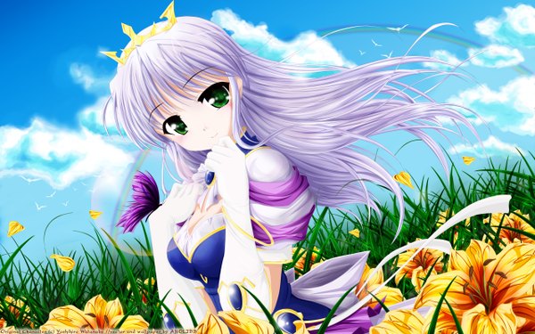 Anime picture 2560x1600 with yoake mae yori ruri iro na august soft feena fam earthlight bekkankou single long hair looking at viewer fringe highres breasts wide image green eyes signed sky cleavage purple hair cloud (clouds) upper body outdoors head tilt