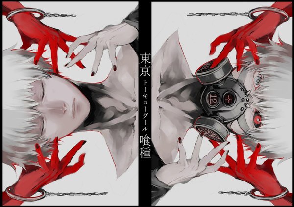 Anime picture 1606x1131 with tokyo ghoul studio pierrot kaneki ken yongkang looking at viewer fringe short hair simple background red eyes white hair eyes closed nail polish grey background grey eyes copyright name heterochromia dual persona black sclera boy hands