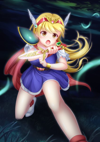 Anime picture 1000x1414 with akazukin chacha chacha (akazukin chacha) hiro (725611) single long hair tall image blush open mouth blonde hair yellow eyes cloud (clouds) bent knee (knees) night night sky fighting stance girl dress hair ornament weapon bracelet