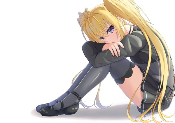 Anime picture 4093x2894 with shugo chara! hoshina utau miu single long hair looking at viewer blush fringe highres simple background blonde hair hair between eyes white background sitting purple eyes twintails payot absurdres full body bent knee (knees)
