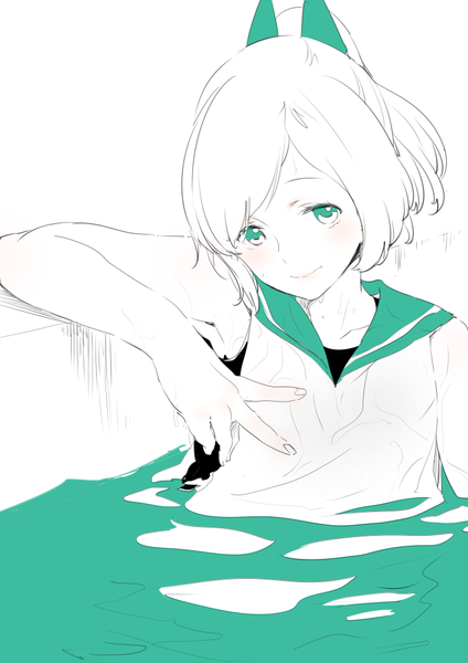 Anime picture 706x1000 with kantai collection i-401 aircraft carrying submarine goshiki suzu single tall image looking at viewer blush smile sitting green eyes ponytail partially submerged victory sketch partially colored girl water sailor suit