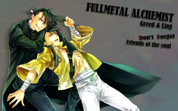 Anime picture 1440x900 with fullmetal alchemist fullmetal alchemist brotherhood studio bones greed ling yao anika kyuu long hair open mouth black hair simple background red eyes wide image yellow eyes tail traditional clothes green hair inscription grey background tattoo dual persona