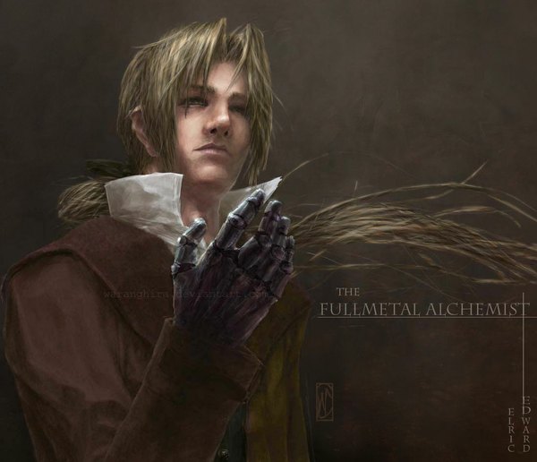 Anime picture 1098x946 with fullmetal alchemist studio bones edward elric waranghira single long hair simple background blonde hair tail realistic inscription brown background mechanical parts boy choker coat