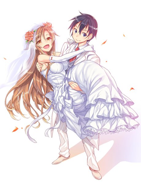 Anime picture 800x1043 with sword art online a-1 pictures yuuki asuna kirigaya kazuto akihazama long hair tall image looking at viewer short hair open mouth blue eyes black hair simple background brown hair white background brown eyes shadow couple carrying wedding