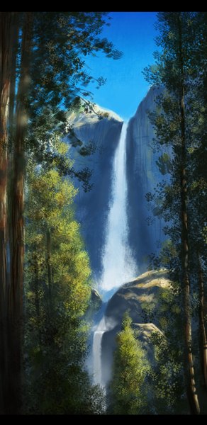 Anime picture 1820x3733 with maroppu tall image highres sky mountain no people landscape rock waterfall plant (plants) tree (trees) water