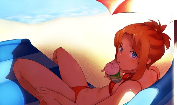 Anime picture 2000x1190 with original hama2224 single highres blue eyes wide image orange hair beach drinking girl swimsuit bikini red bikini disposable cup