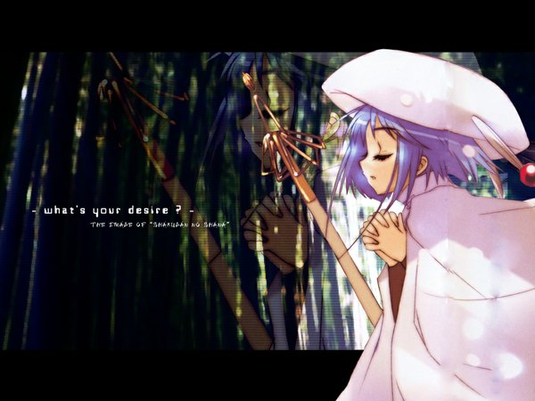 Anime picture 1024x768 with shakugan no shana j.c. staff hecate itou noiji single short hair open mouth purple hair eyes closed profile third-party edit hands clasped zoom layer girl cape staff cap