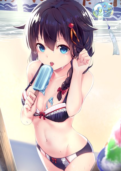 Anime picture 813x1151 with kantai collection shigure destroyer yan (nicknikg) single long hair tall image looking at viewer fringe blue eyes light erotic hair between eyes standing upper body braid (braids) off shoulder sweat depth of field underwear only beach single braid