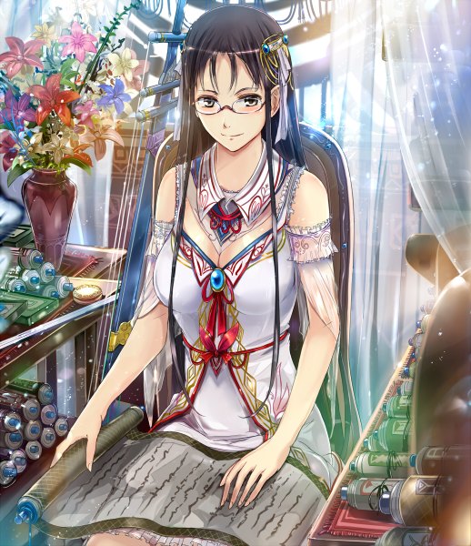 Anime picture 1036x1200 with original moka. tapioka single long hair tall image looking at viewer blush black hair brown eyes girl dress hair ornament flower (flowers) glasses bouquet scroll