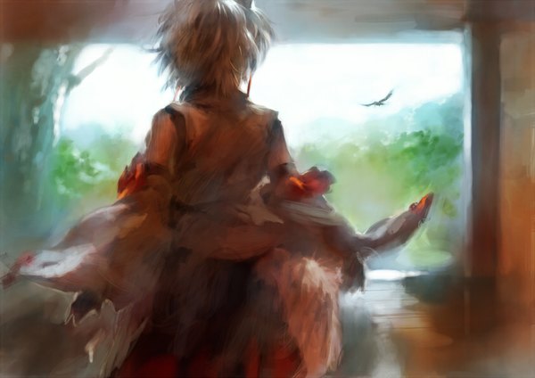 Anime picture 841x595 with touhou inubashiri momiji matsuda (matsukichi) single short hair animal ears sky silver hair indoors tail traditional clothes japanese clothes animal tail wind from behind blurry back walking wolf ears wolf tail
