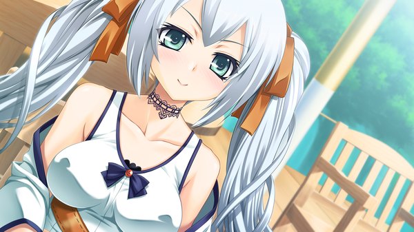 Anime picture 1280x720 with love replica atou rin long hair blush blue eyes smile wide image twintails bare shoulders game cg white hair girl dress ribbon (ribbons) hair ribbon