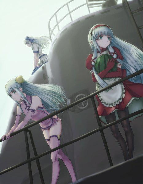 Anime picture 1280x1649 with aoki hagane no arpeggio iona i-400 (aoki hagane no arpeggio) i-402 (aoki hagane no arpeggio) kagami seijin long hair tall image looking at viewer standing sitting multiple girls green eyes looking away white hair hair bun (hair buns) puffy sleeves wariza chinese clothes girl thighhighs