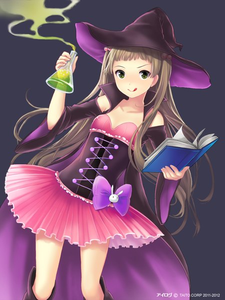 Anime picture 640x853 with ilog amakusa rin occhan single long hair tall image looking at viewer fringe simple background smile brown hair standing green eyes wide sleeves black background dark background smoke witch licking underbust