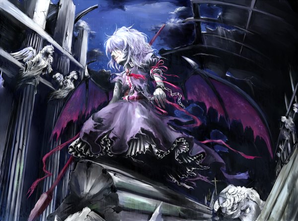 Anime picture 1024x760 with touhou remilia scarlet chama (painter) single short hair white hair torn clothes bat wings hair over eyes girl dress wings chain spear pillar column statue