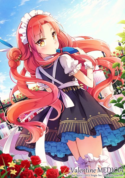 Anime picture 700x992 with original nyanya single long hair tall image looking at viewer blush yellow eyes sky red hair maid valentine girl dress uniform flower (flowers) frills headdress heart rose (roses)