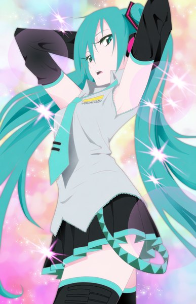Anime picture 1280x1982 with panty & stocking with garterbelt vocaloid hatsune miku taco (qqtacotacoqq) single long hair tall image blue eyes blue hair armpit (armpits) arms behind head parody girl thighhighs gloves detached sleeves miniskirt shirt necktie elbow gloves