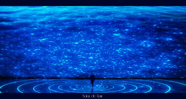 Anime picture 3000x1600 with original tarbo (exxxpiation) single long hair highres wide image standing bent knee (knees) reflection dark background spread arms blue background girl water
