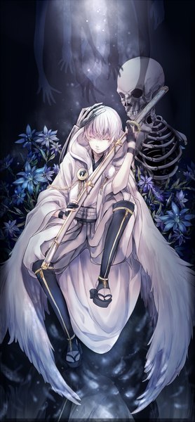 Anime picture 700x1507 with touken ranbu nitroplus tsurumaru kuninaga tlvampire single tall image fringe short hair sitting holding white hair eyes closed traditional clothes head tilt japanese clothes lips wide sleeves dark background white wings skeleton