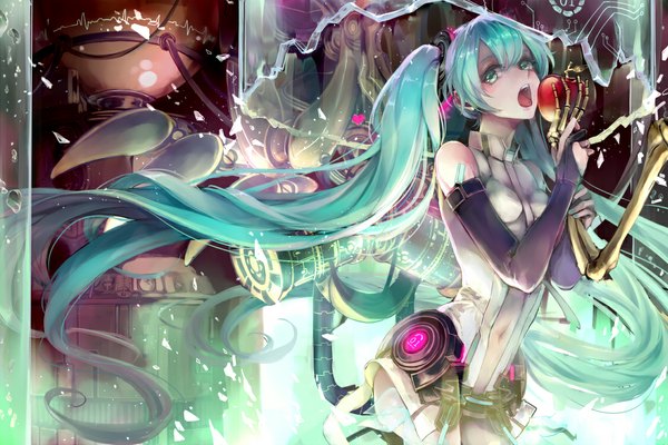 Anime picture 1125x750 with vocaloid vocaloid append hatsune miku hatsune miku (append) hina (xoxo) single looking at viewer open mouth twintails bare shoulders very long hair aqua eyes aqua hair skeleton girl navel hair ornament detached sleeves fruit apple