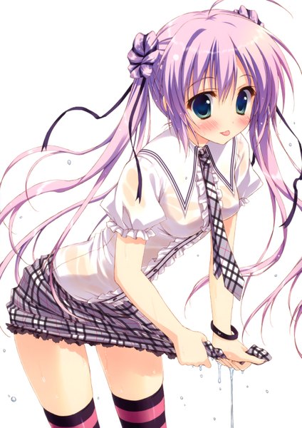 Anime picture 4285x6057 with ryohka single long hair tall image blush highres simple background white background twintails green eyes absurdres purple hair wet clothes :p wringing clothes girl thighhighs skirt ribbon (ribbons) hair ribbon