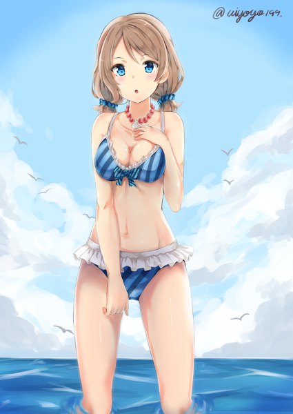 Anime picture 850x1200 with love live! sunshine!! sunrise (studio) love live! watanabe you kono (uiyoyo199) single tall image looking at viewer blush short hair breasts open mouth blue eyes light erotic brown hair twintails signed cloud (clouds) :o hand on chest
