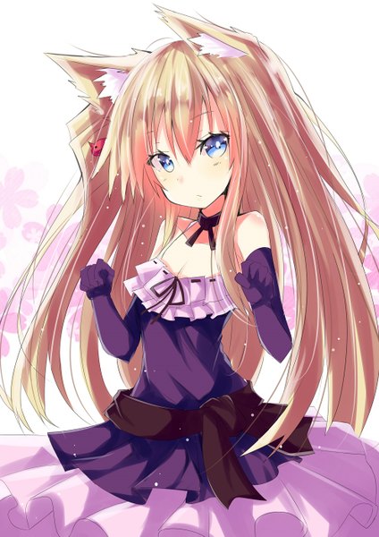 Anime picture 992x1403 with original hizaka single long hair tall image fringe blue eyes simple background blonde hair hair between eyes white background bare shoulders animal ears looking away tail animal tail sleeveless fox ears floral print fox tail