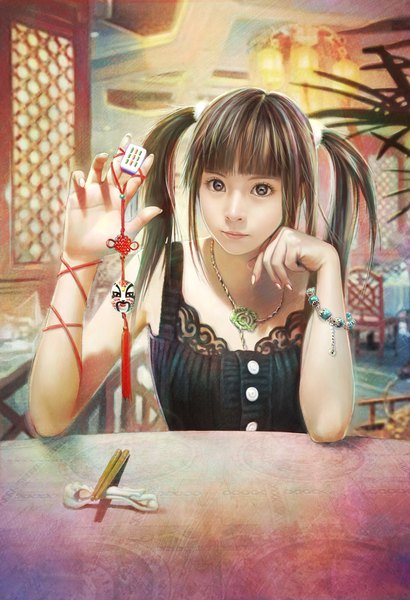 Anime picture 1200x1754 with original eat0123 single long hair tall image looking at viewer fringe brown hair sitting twintails holding brown eyes payot upper body indoors blunt bangs fingernails realistic depth of field watermark