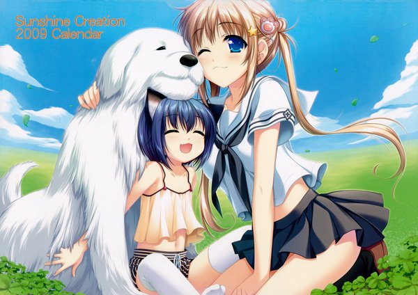 Anime picture 6998x4947 with arufa highres sky cloud (clouds) thighhighs serafuku dog clover (plant)