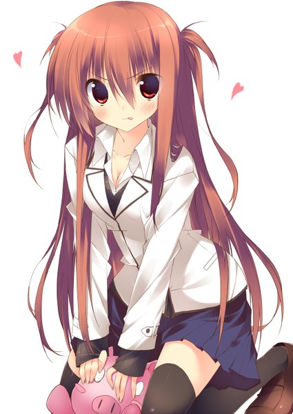 Anime picture 1000x1412 with original tororo inniina kuwashima rein long hair tall image simple background red eyes brown hair white background two side up girl thighhighs black thighhighs heart