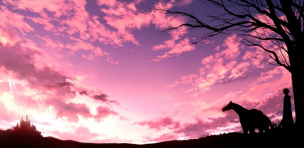 Anime picture 1327x646 with original mogumo short hair wide image sky cloud (clouds) evening sunset landscape scenic silhouette boy plant (plants) animal tree (trees) castle horse