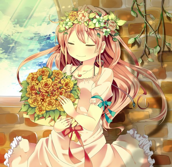 Anime picture 2000x1948 with original udukiasa (artist) single long hair blush highres smile sky cloud (clouds) red hair eyes closed hair flower girl dress hair ornament ribbon (ribbons) plant (plants) pendant bouquet