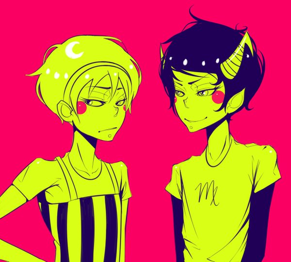 Anime picture 1280x1155 with homestuck kanaya maryam rose lalonde spazmaggot short hair simple background smile horn (horns) pointy ears hand on hip monochrome striped pink background blush stickers girl hairband