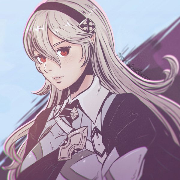 Anime picture 1024x1024 with fire emblem fire emblem fates nintendo corrin (fire emblem) corrin (female) (fire emblem) koyoriin single long hair looking at viewer fringe breasts red eyes signed upper body parted lips lips pointy ears grey hair girl cape