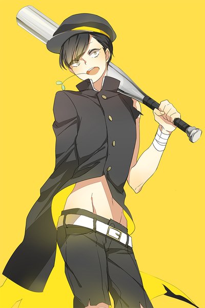 Anime picture 690x1035 with osomatsu-san matsuno juushimatsu eyokiki single tall image fringe short hair open mouth light erotic black hair simple background yellow eyes looking away long sleeves bare belly torn clothes groin yellow background boy navel