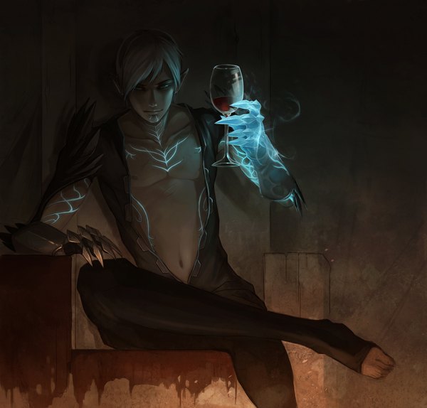 Anime picture 2188x2094 with dragon age (game) fenris sandara single highres short hair sitting white hair pointy ears open clothes tattoo open shirt magic glowing elf boy gloves navel glass wine glass
