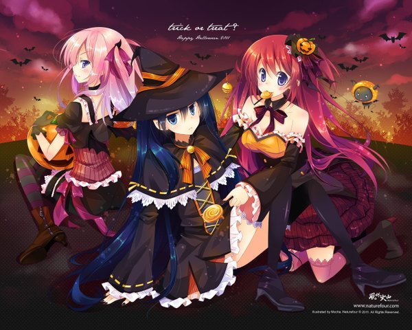 Anime picture 1280x1024 with original mocha (naturefour) long hair blush blue eyes multiple girls blue hair pink hair red hair halloween witch girl thighhighs dress gloves black thighhighs hat detached sleeves animal black gloves