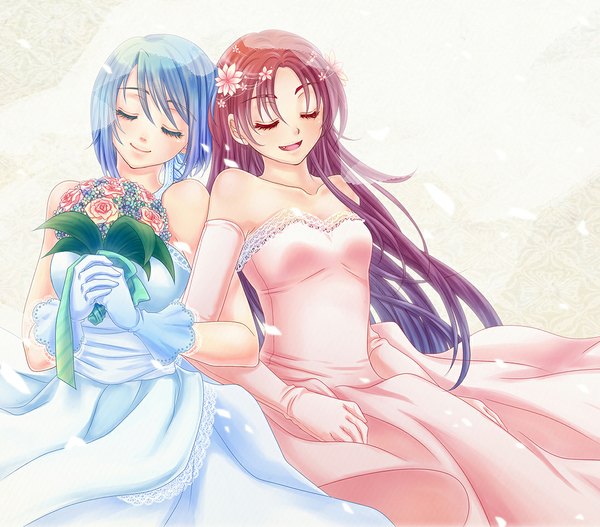 Anime picture 1096x964 with mahou shoujo madoka magica shaft (studio) sakura kyouko miki sayaka sha (pixiv) long hair short hair open mouth smile multiple girls blue hair red hair eyes closed hair flower girl dress gloves hair ornament flower (flowers) 2 girls