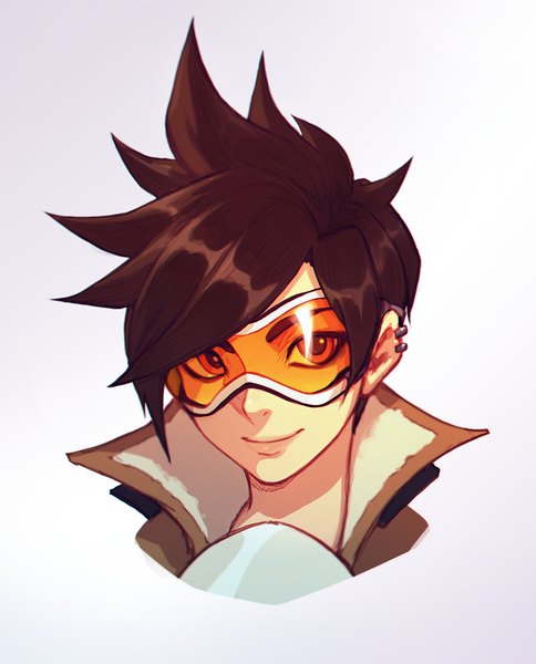 Anime picture 839x1039 with overwatch blizzard entertainment tracer (overwatch) liyart single tall image looking at viewer short hair simple background smile brown hair orange eyes piercing portrait ear piercing spiked hair girl