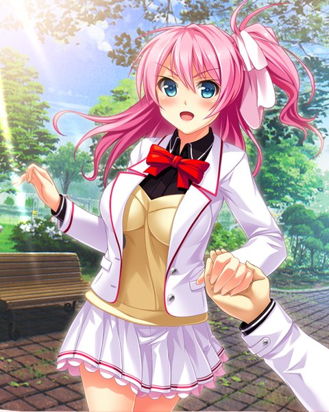 Anime picture 640x800 with peropero saimin aocchi long hair tall image looking at viewer blush open mouth blue eyes pink hair girl skirt uniform ribbon (ribbons) hair ribbon school uniform miniskirt