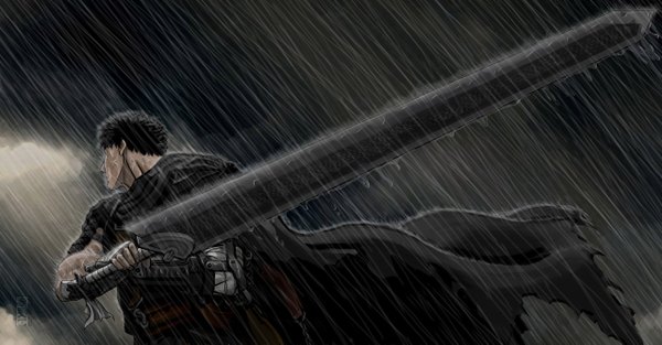 Anime picture 1280x669 with berserk guts single short hair black hair wide image rain boy weapon sword cloak